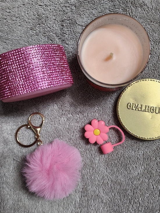 Stanley Other - Sparkly Pink Silicone Ring, Pom Pom Keychain, Flower Straw Topper, & Candle